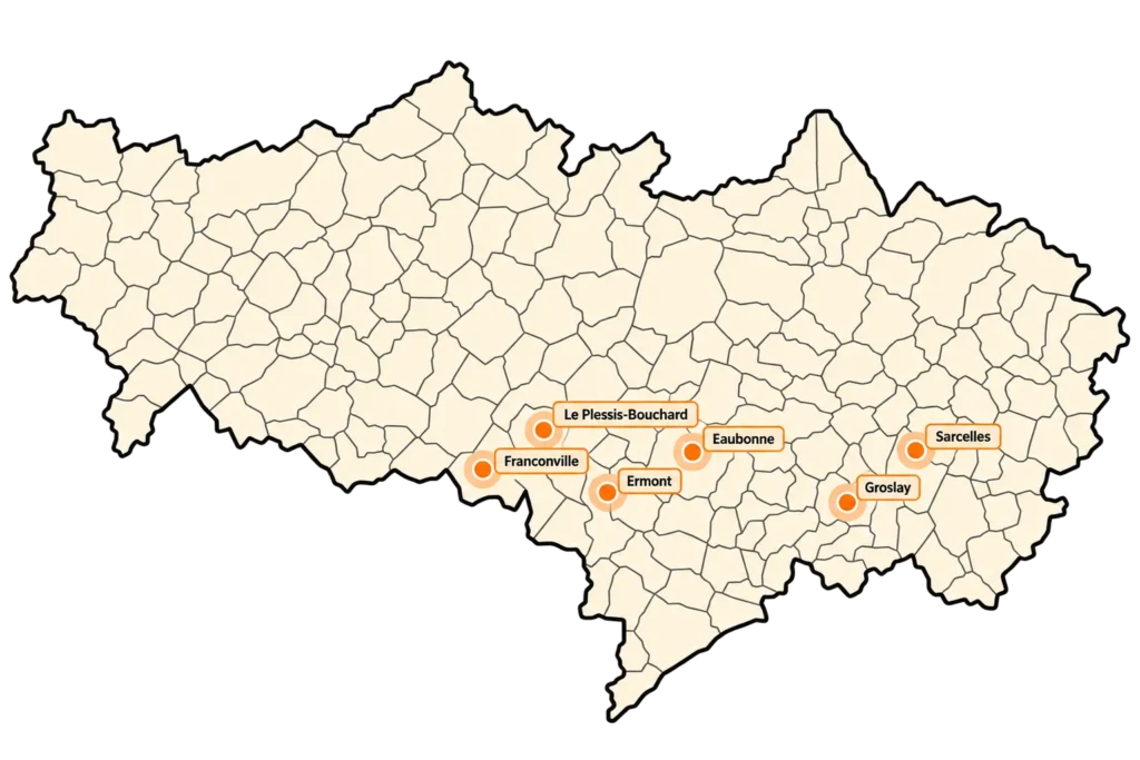 Carte des principales zones d’intervention d’Artisan Seven dans le Val-d’Oise